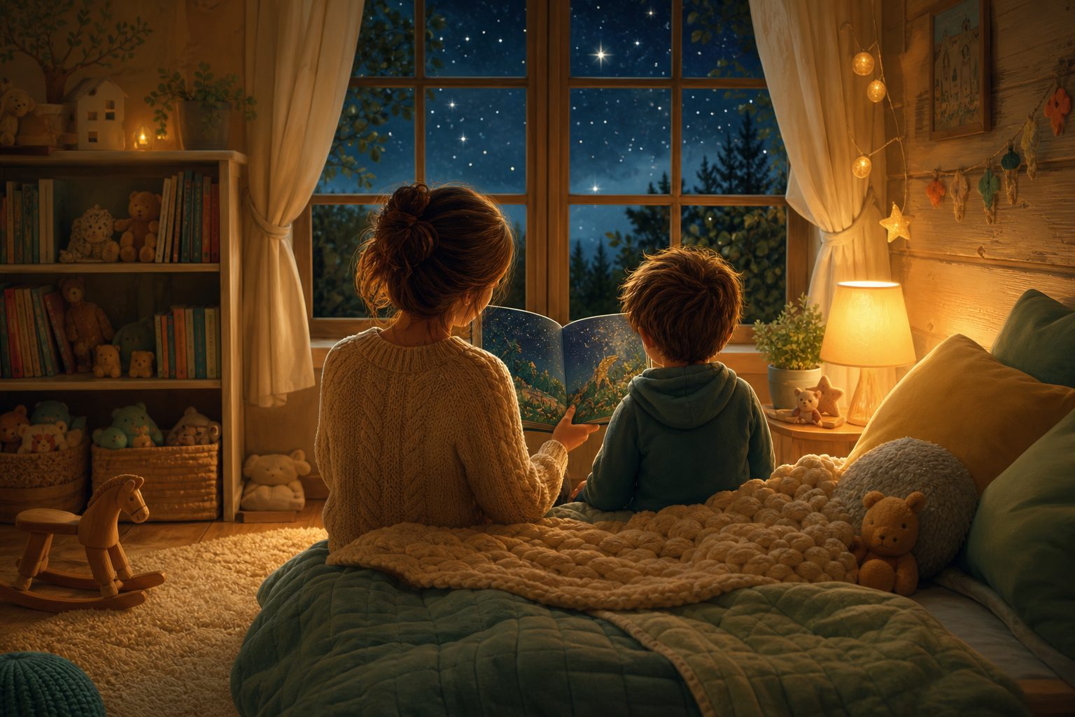 Un adulto y un peque leen juntos un cuento en la cama, a la luz cálida de una lamparita