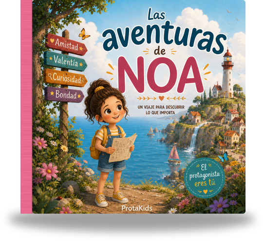 Mockup del libro «Las aventuras de Noa»: Noa con su mochila y su mapa ante un pueblo costero con faro, el poste de valores y el sello «El protagonista eres tú»