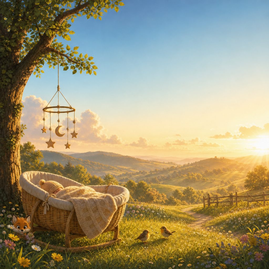 Portada de muestra: un moisés bajo un árbol al amanecer, con un móvil de estrellas de madera